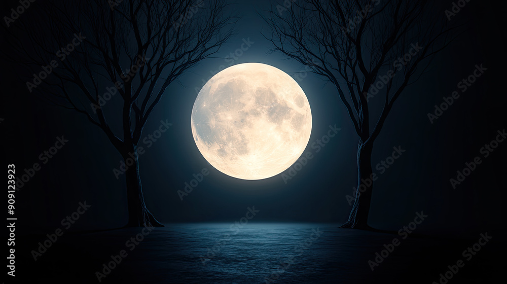 Fototapeta premium A breathtaking full moon illuminating a dark night, framed by silhouetted trees, creating a serene and magical atmosphere.