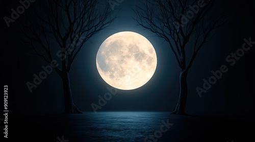 A breathtaking full moon illuminating a dark night, framed by silhouetted trees, creating a serene and magical atmosphere.
