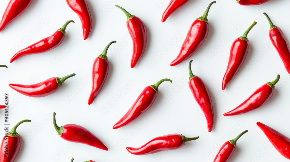 Scattered red chili peppers on white background, top view. Spicy food concept Scattered red chili peppers on white background, top view. Spicy food concept