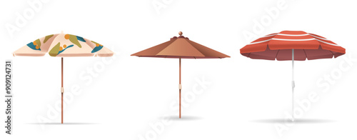 Beach Umbrellas In Different Colors And Designs. Perfect For Vacation, Summer, And Beach Themes, 3d Vector Image