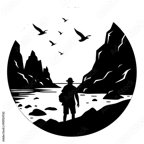  A silhouette of a hiker exploring a rocky beach vector illustration  photo