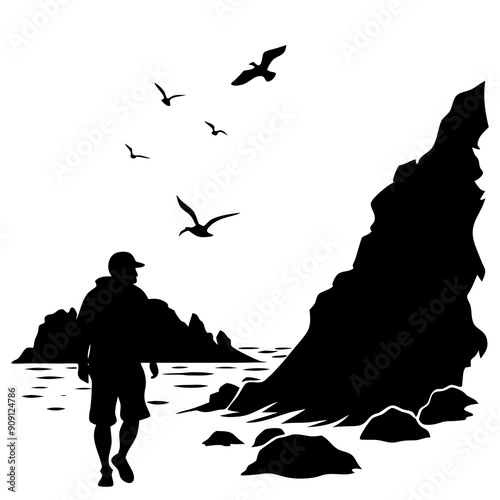  A silhouette of a hiker exploring a rocky beach vector illustration 