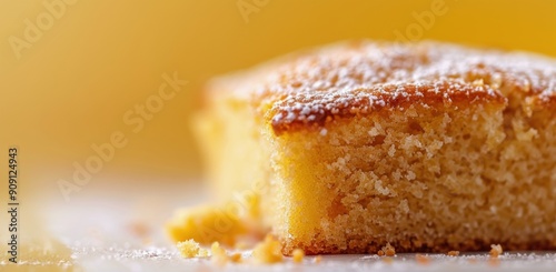 Golden Slice of Freshly Baked Cake on Light Surface With Warm Background