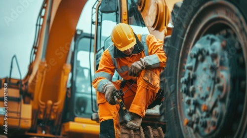 Diesel mechanic in safety gear repairing heavy-duty machinery photo