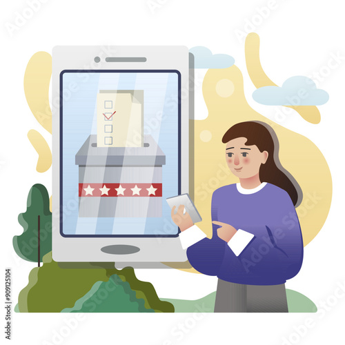 Woman voting online using smartphone app for election with electronic ballot box on screen