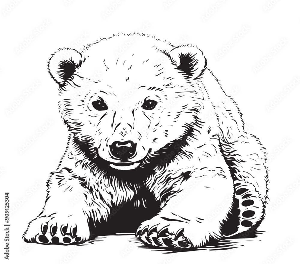 Fototapeta premium Polar bear cub illustration, drawing engraving ink line art, vector