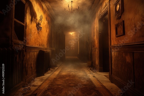 Haunted house aisle with spooky decoration  with copy space