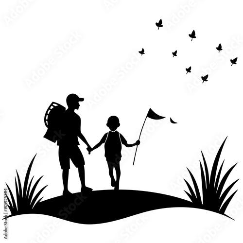 A silhouette of a hiker and a child playing in the field vector illustration 