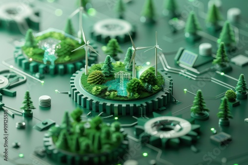 A green, computer-generated image of a forest with a green gear in the middle