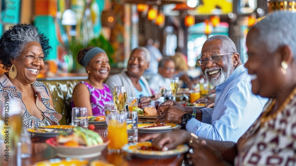 Friends share laughter and delicious food in a vibrant dining atmosphere Friends share laughter and delicious food in a vibrant dining atmosphere