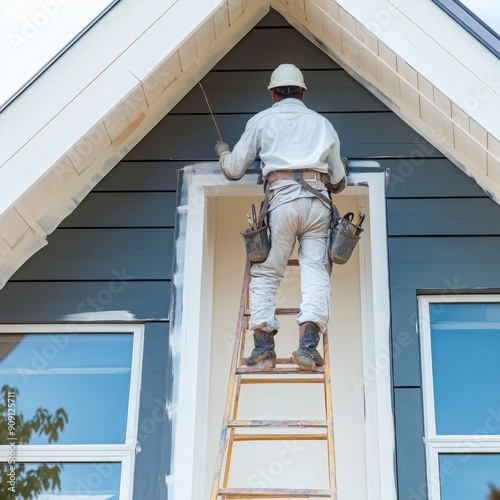 House painter on ladder working on exterior, with copy space