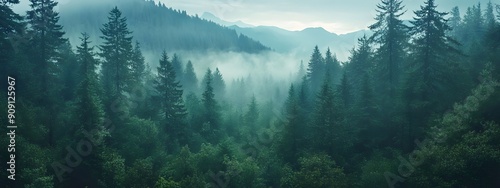 A dense forest shrouded in mist, with dark green trees standing tall against the backdrop of rolling hills