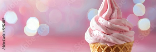 Delicious Swirled Strawberry Soft Serve Ice Cream Cone Against a Blurred Back...
