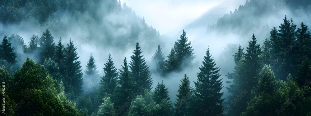 Fototapeta premium A dense forest shrouded in mist, with dark green trees standing tall against the backdrop of rolling hills