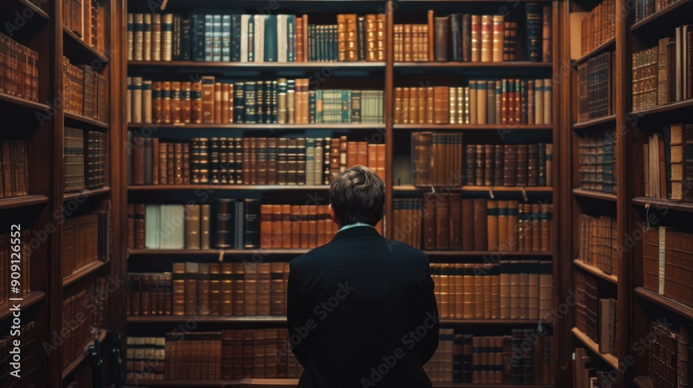 A lawyer researching case law and legal precedents in a law library, surrounded by legal books. A lawyer researching case law and legal precedents in a law library, surrounded by legal books.