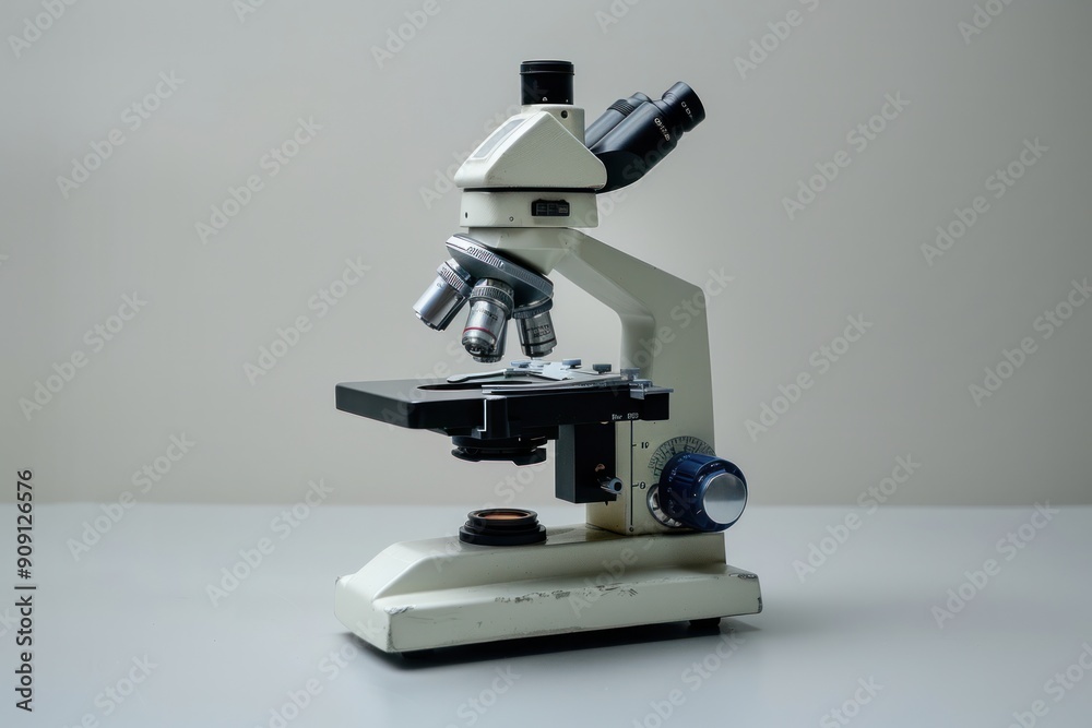 A microscope is sitting on a white table A microscope is sitting on a white table