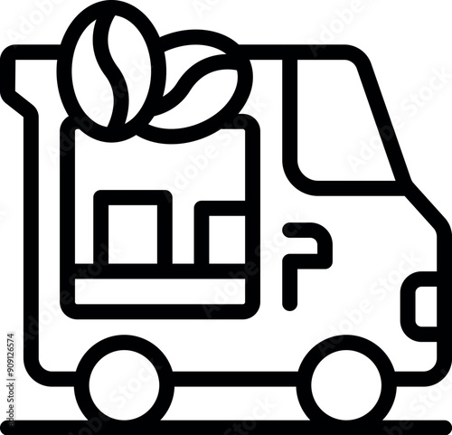 Line drawing of a coffee truck carrying freshly roasted coffee beans