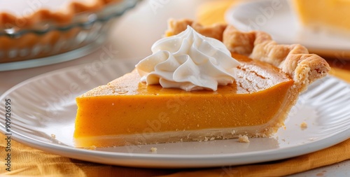Delicious Pumpkin Pie Slice With Whipped Cream and Autumn Background