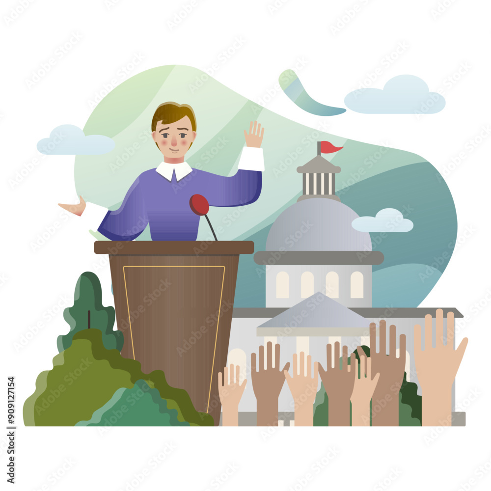 Politician giving a speech in front of government building is greeting cheering crowd raising hands Politician giving a speech in front of government building is greeting cheering crowd raising hands