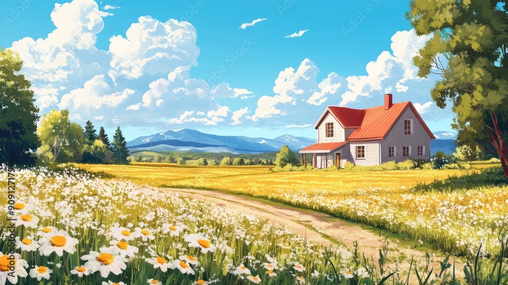 A quaint farmhouse surrounded by blooming fields, with distant mountains under a bright blue sky, creating an idyllic rural scene A quaint farmhouse surrounded by blooming fields, with distant mountains under a bright blue sky, creating an idyllic rural scene