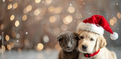 Kitten and Puppy Celebrating Christmas Together With Festive Accessories