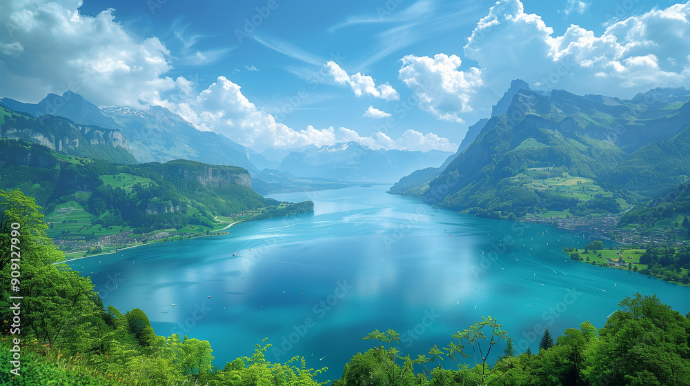 Obraz premium Top view of a big lake and mountains, blue sky and white clouds on the background. 