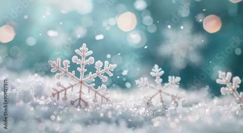 Delicate Snowflakes on Soft Snow Background During Winter Afternoon