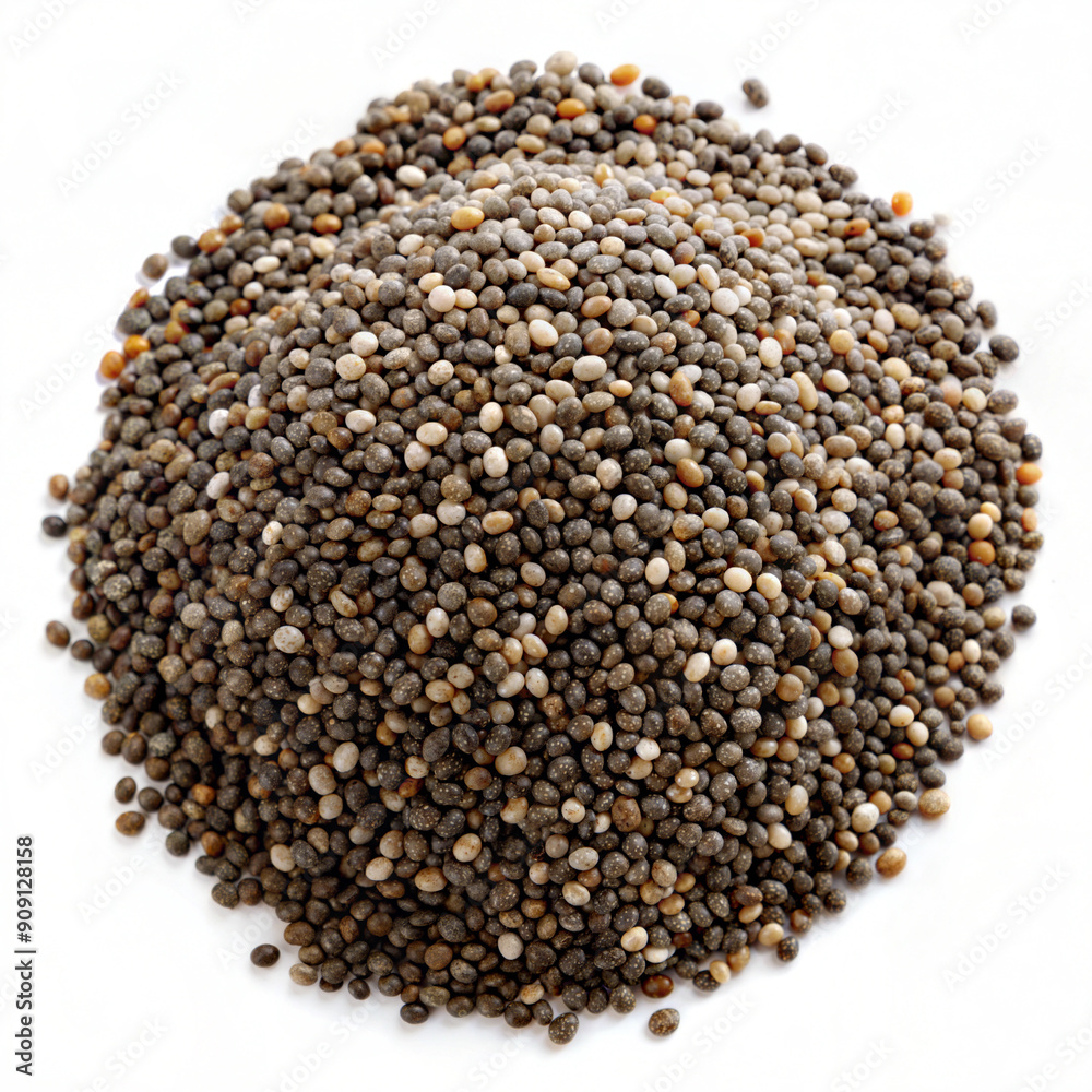 Pile of Small Greyish Seeds on White Background Pile of Small Greyish Seeds on White Background