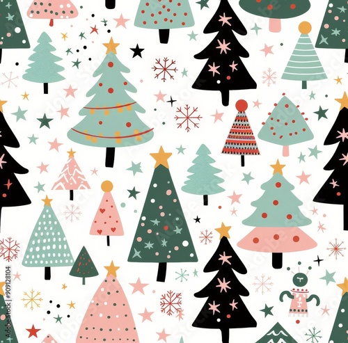 Colorful Christmas Tree Pattern With Stars and Snowflakes on White Background