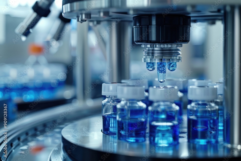A machine is filling bottles with blue liquid A machine is filling bottles with blue liquid