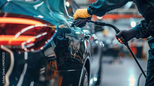 Mechanic using a paint sprayer to apply clear coat in a body shop photo