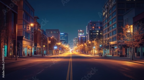 An urban street at night, with brightly lit buildings, empty roads, and a clear sky.