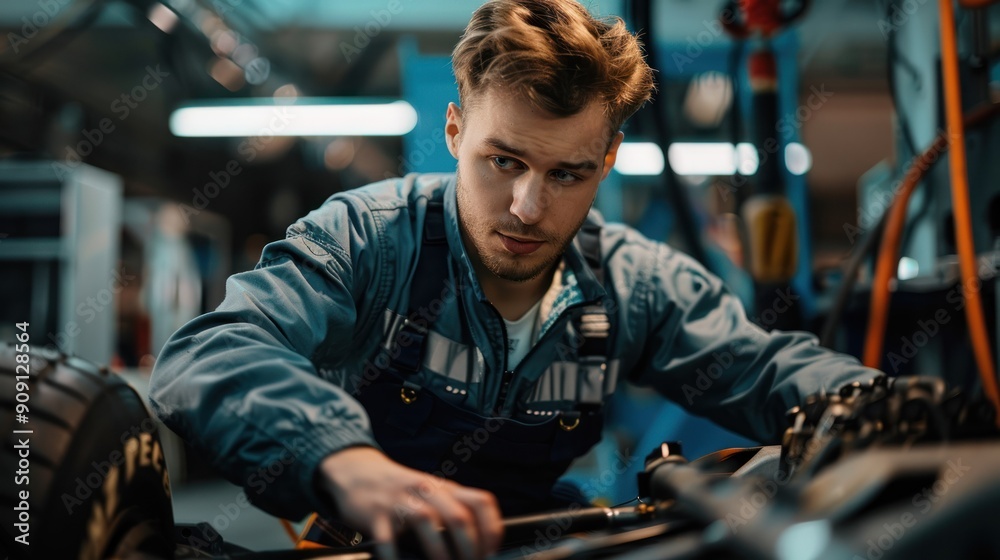 Portrait of a motorsports mechanic with racing overalls, working on a high-performance vehicle Portrait of a motorsports mechanic with racing overalls, working on a high-performance vehicle