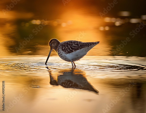 A common sandpiper (actitis hypoleucos) fishing in a serene water at orange sunset with water reflections