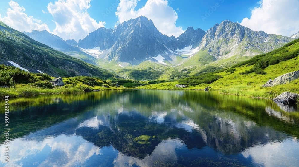 Beautiful mountain scenery with lush green valleys, a clear blue sky, and a serene lake reflecting the majestic peaks Beautiful mountain scenery with lush green valleys, a clear blue sky, and a serene lake reflecting the majestic peaks