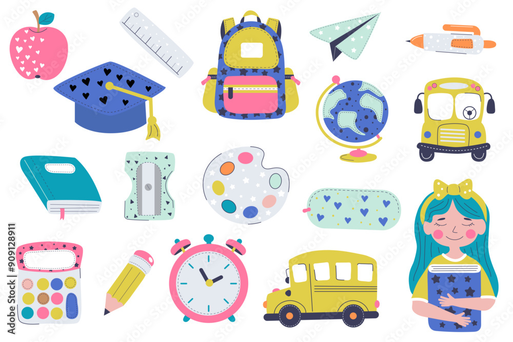 set of school icons, vector cartoon illustrations
