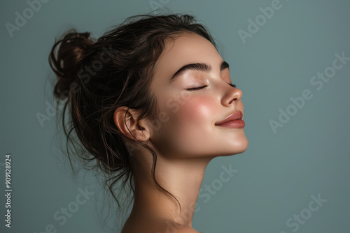 A close up of a girl's face with her eyes closed