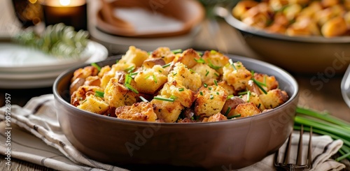 Savory Herb Bread Cubes in Bowl Ready for Holiday Dinner Preparation