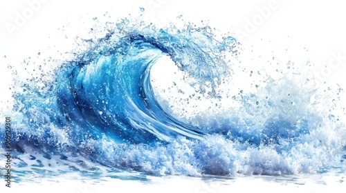 Blue waves in mid-splash, with detailed water droplets against a white background.