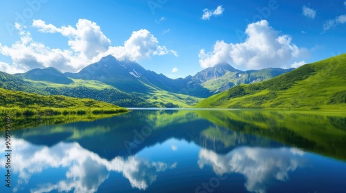 Breathtaking mountain view with a clear blue sky, lush green valleys, and a tranquil lake reflecting the natural beauty