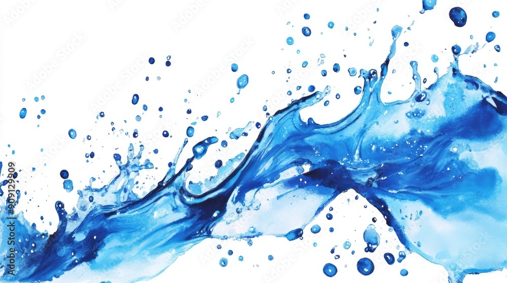 Detailed blue water splash, with vibrant droplets on a stark white background. Detailed blue water splash, with vibrant droplets on a stark white background.