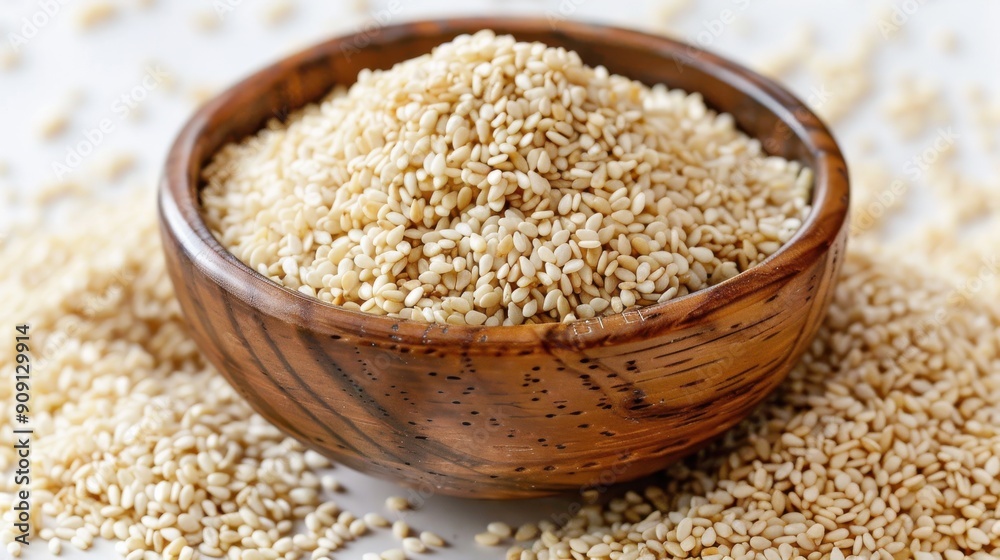 Aromatic Ground Sesame Seeds in Wooden Bowl on White Background Aromatic Ground Sesame Seeds in Wooden Bowl on White Background