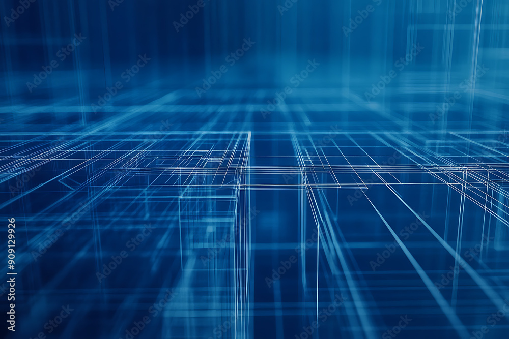 A digital wireframe polygonal illustration featuring intricate geometric lines on a blue background