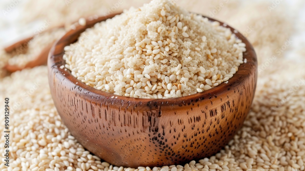 Abundance of Ground Sesame Seeds in Wooden Bowl on White Background