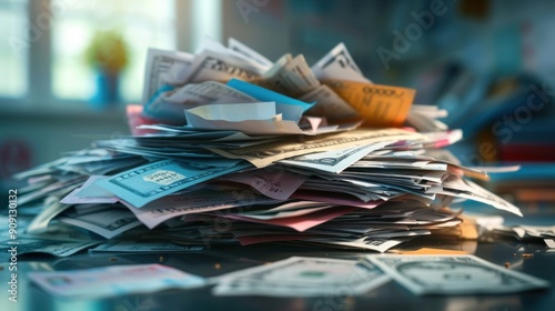 A chaotic pile of assorted banknotes and papers on a table, illustrating disorganization and financial clutter.