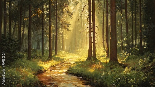 Forest landscape featuring tall trees, dappled sunlight, and a meandering stream creating a serene ambiance