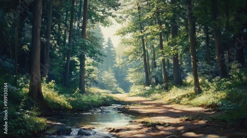 Forest landscape featuring tall trees, dappled sunlight, and a peaceful stream creating a serene ambiance