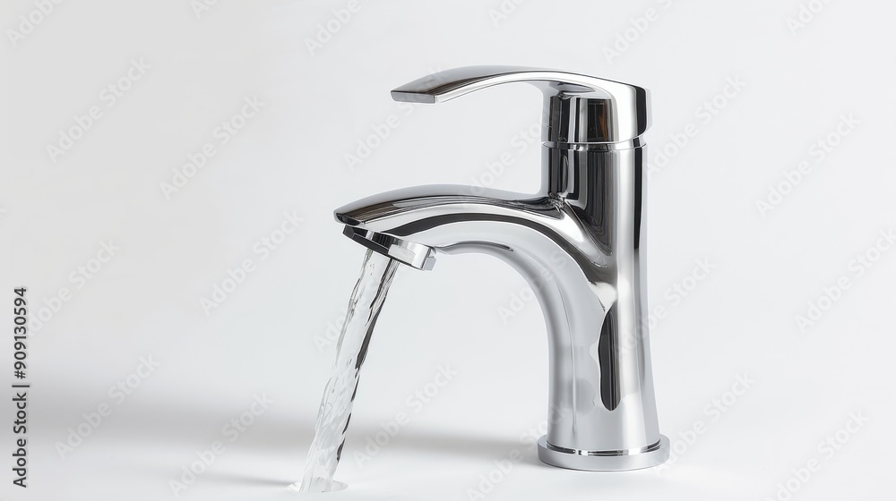Modern Chrome Bathroom Faucet with Waterfall Spout on White Background Modern Chrome Bathroom Faucet with Waterfall Spout on White Background