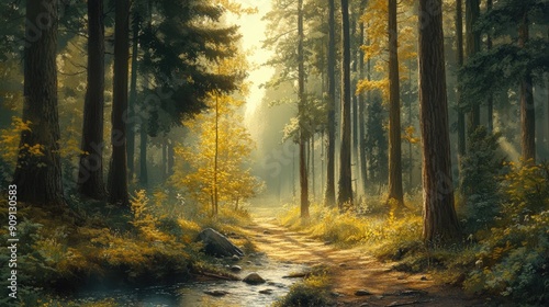 Forest scenery featuring tall trees, dappled sunlight, and a gently winding stream creating a serene atmosphere