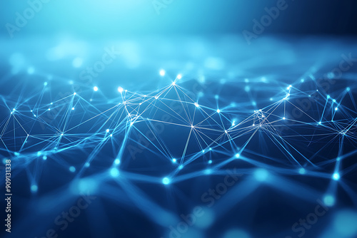 A digital wireframe polygonal illustration featuring intricate geometric lines on a blue background